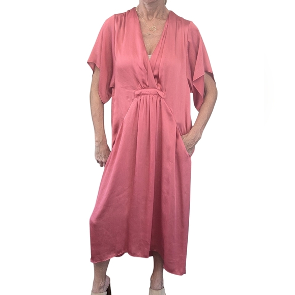 Zara Oversized Coral Satin V-Neck Fairycore Midi Maxi Kimono Dress Size XS - Picture 2 of 11